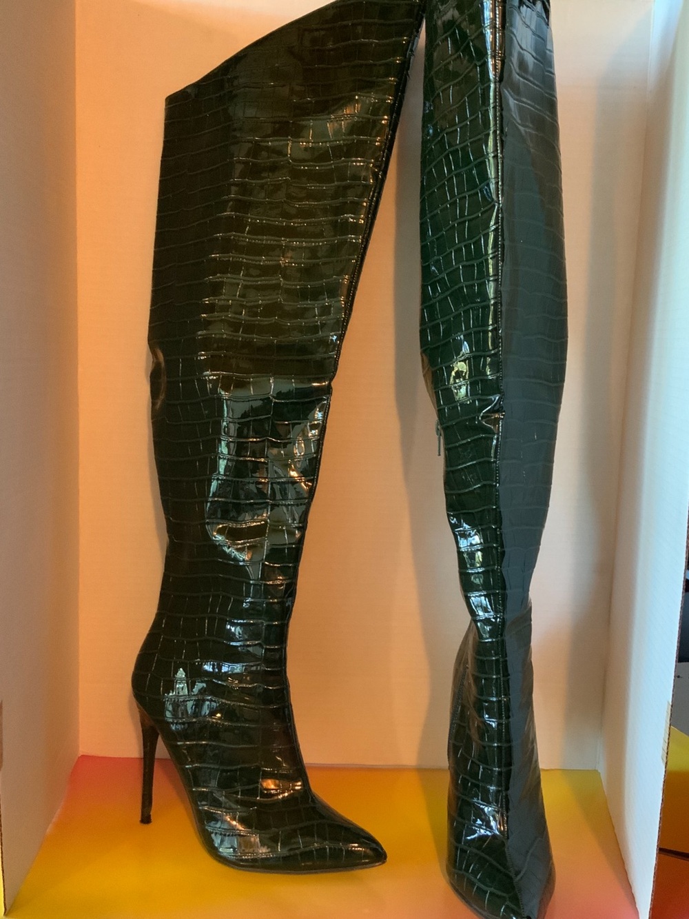 Fashion Nova Dark Green Croc-Embossed Over-the-Knee Stiletto Boots
